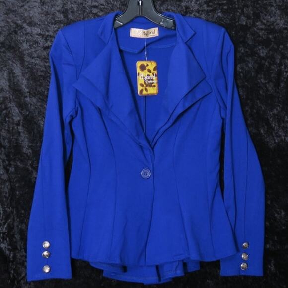Royal Blue Shoulder Pad Double Notch Lapel Peplum Blazer Sz S Hybrid & Company - Picture 1 of 12
